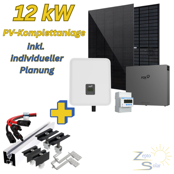 Photovoltaik-Komplettanlage 12,15 kWp für Ziegeldach mit 12 kW Hybrid-Wechselrichter & 10,36 kWh Speicher