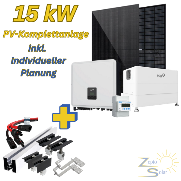 Photovoltaik-Komplettanlage 15,30 kWp für Ziegeldach – mit 15 kW Hybrid-Wechselrichter & 8,64 kWh Speicher