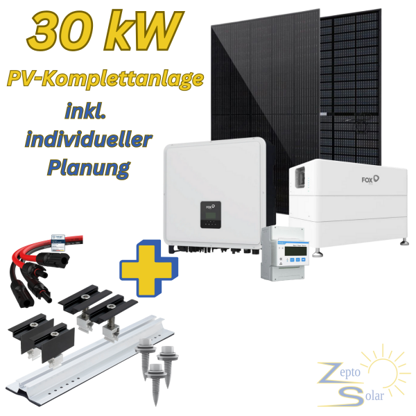 Photovoltaik-Komplettanlage 29,70 kWp für Trapezblechdach – mit 29,9 kW Hybrid-Wechselrichter & 8,64 kWh Speicher