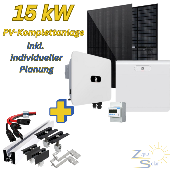 Photovoltaik-Komplettanlage 15,30 kWp für Ziegeldach – mit 15 kW Huawei Hybrid-Wechselrichter & 7 kWh Huawei Speicher