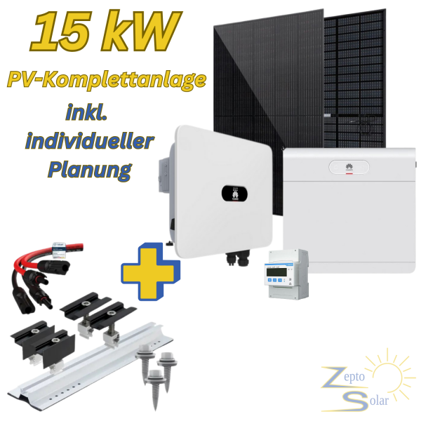 Photovoltaik-Komplettanlage 15,30 kWp für Trapezblechdach – mit 15 kW Huawei Hybrid-Wechselrichter & 7 kWh Huawei Speicher